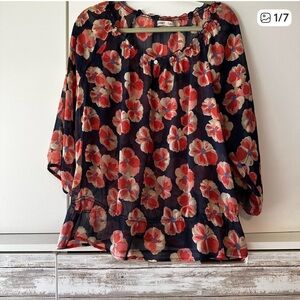 🌸 Old Navy Floral Sheer Peasant Blouse XL Pink Blue Boho 3/4 Sleeve Top